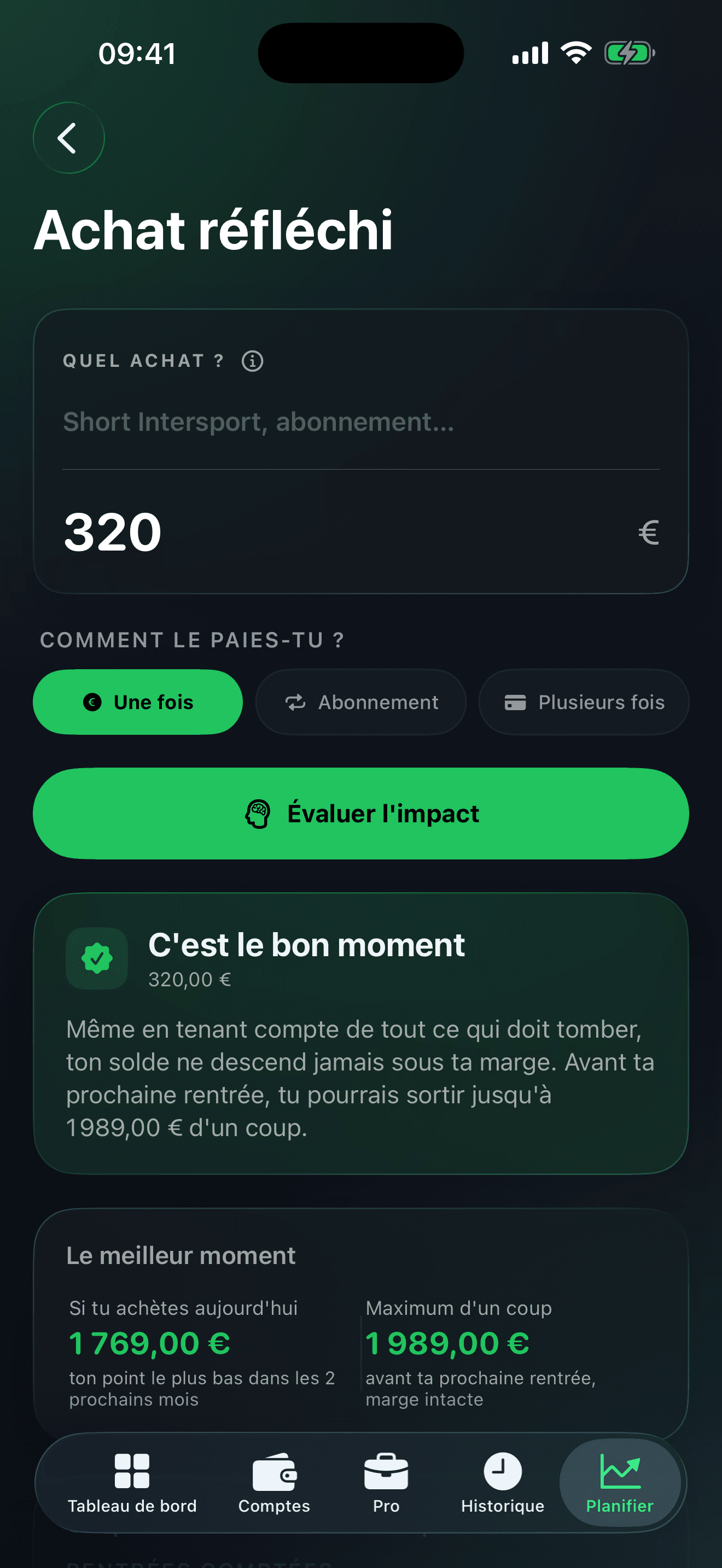 Écran Achat réfléchi de LIMIA : un achat de 320 € payé en une fois, verdict « C'est le bon moment » et meilleur moment pour acheter