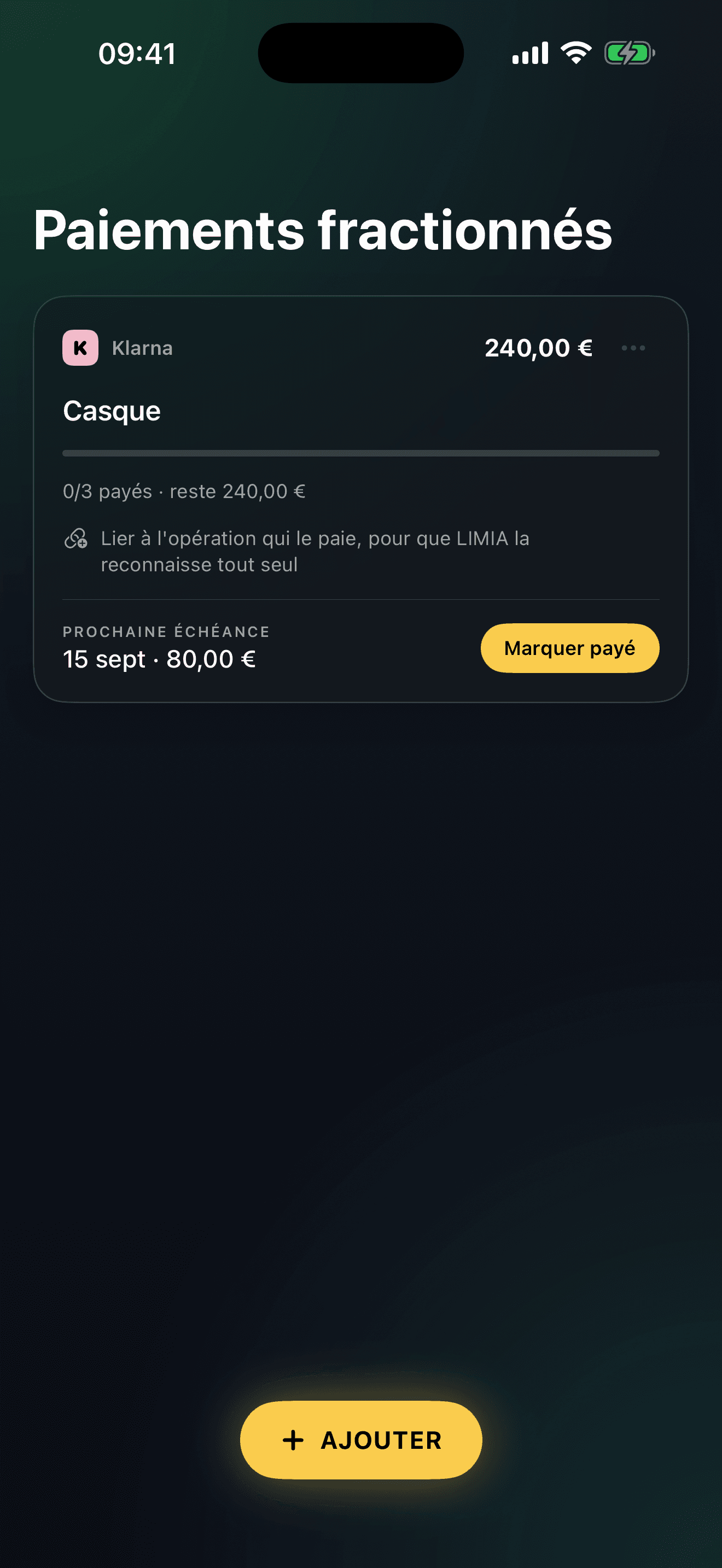 Écran Paiements fractionnés de LIMIA : un achat de 240 € en 3 fois, aucune échéance payée, prochaine échéance de 80 € le 15 septembre